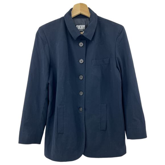 DKNY US 10 Petite Womens Navy Blue Wool Blend Fitted Blazer Jacket 5 Button - Picture 1 of 10